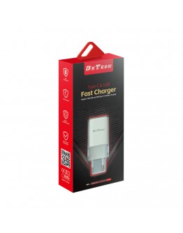 Мрежово зарядно устройство DeTech DE-60C, 20W, 1 x Type-C F, 1 x USB F, PD, QC, С кабел Type-C - Type-C, 1.0m, Бял - 40544
