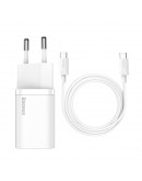 Мрежово зарядно устройство Baseus Super Si, 25W, С PD кабел, Бял - 40417