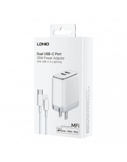 Мрежово зарядно устройство LDNIO A2528M, MFi, 35W, 2 x Type-C F, PD, С Кабел Type-C към Lightning, Бял - 40280