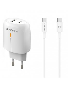 Мрежово зарядно устройство DeTech DE-31PDC, 20W, С PD Type-C кабел, 1 x Type-C F, 1 x USB F, PD, QC, Бял - 40322