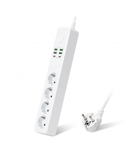 Удължител No brand, 4 гнезда, 250V, 10A, Кабел, 1.8м., 4 x USB-F, 2 x USB-C, С ключ, Бял - 17968