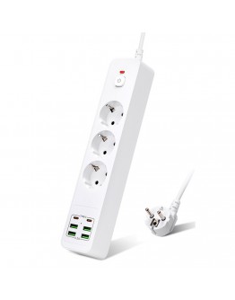Удължител No brand, 3 гнезда, 250V, 10A, Кабел, 1.8м., 4 x USB-F, 2 x USB-C, С ключ, Бял - 17967