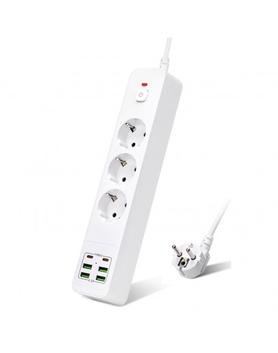 Удължител No brand, 3 гнезда, 250V, 10A, Кабел, 1.8м., 4 x USB-F, 2 x USB-C, С ключ, Бял - 17967