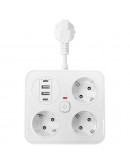 Удължител No brand, 3 гнезда, 250V, 10A, Кабел, 1.8м., 2 x USB-F, 2 x USB-C, С ключ, Бял - 17964