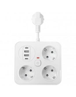 Удължител No brand, 3 гнезда, 250V, 10A, Кабел, 1.8м., 2 x USB-F, 2 x USB-C, С ключ, Бял - 17964