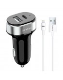 Зарядно устройство за кола Earldom ES-CC14, 1xUSB, 1xType-C, С Lightning кабел, Черен - 40242