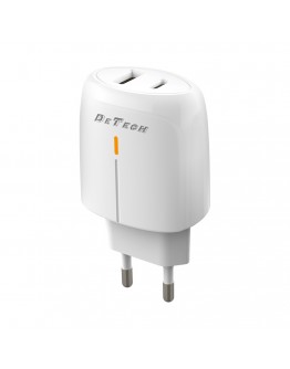 Мрежово зарядно устройство DeTech DE-31, 20W, 1 x Type-C F, 1 x USB F, PD, QC, Бял - 40318