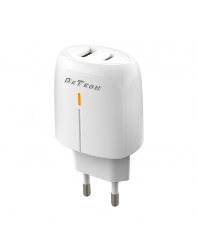 Мрежово зарядно устройство DeTech DE-31, 20W, 1 x Type-C F, 1 x USB F, PD, QC, Бял - 40318