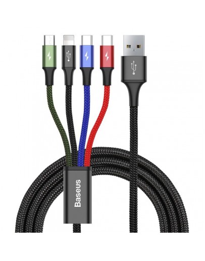 Кабел за зареждане Baseus Fast, 4 в 1, Micro USB, Lightning, 2 x Type-C, 1.2m, Черен - 40494