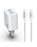 Мрежово зарядно устройство DeTech DE-PD, 65W, GaN, С Type-C - Type-C кабел, 2 x Type-C F, 1 x USB F, Бял - 40343