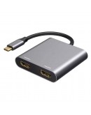 Преходник DeTech,  2в1, USB-C –2хHDMI, 4K, 30Hz, Сив - 17846