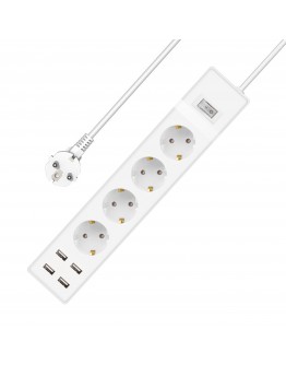 Удължител No brand, 4 гнезда, 250V, 16A, Кабел, 1.5m, 4 x USB F, С ключ, Бял - 17887