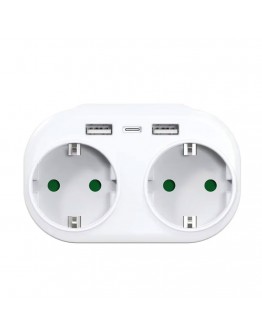 Удължител No brand, 2 гнезда, 250V, 16A, Без кабел, 2 x USB F, 1 х USB-C, Бял - 17891