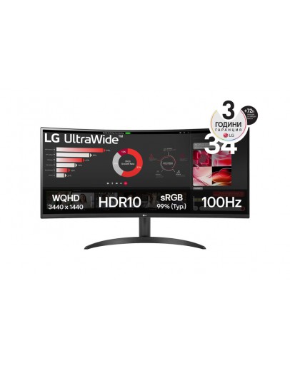 Монитор LG 34WR50QK-B, 34 UltraWide Curved, AG, VA, 5ms, 1