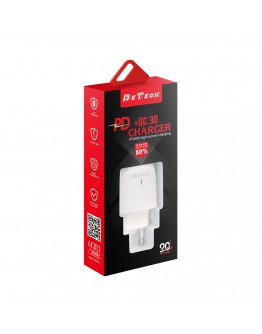 Мрежово зарядно устройство DeTech DE-31, 20W, 1 x Type-C F, 1 x USB F, PD, QC, Бял - 40318