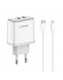 Мрежово зарядно устройство LDNIO A2528C, 35W, 2 x Type-C F, PD, С Кабел Type-C към Lightning, Бял - 40283