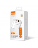 Мрежово зарядно устройство LDNIO A2526C, 45W, 1 x Type-C F, 1 x USB F, PD, QC, PPS, С Lightning кабел , Бял - 40285